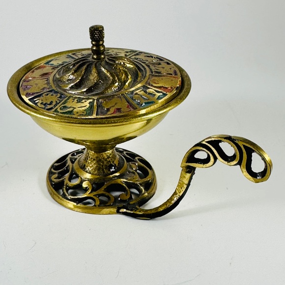 Miniature Brass Zodiac Incense Burner With Enameled Astrological Signs Oppenheim - Picture 3 of 5